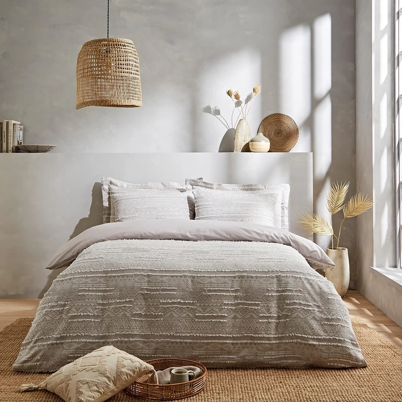 Pineapple Elephant Enola Aztec Cotton Double Duvet Cover Set with Pillowcases Grey - Image 1