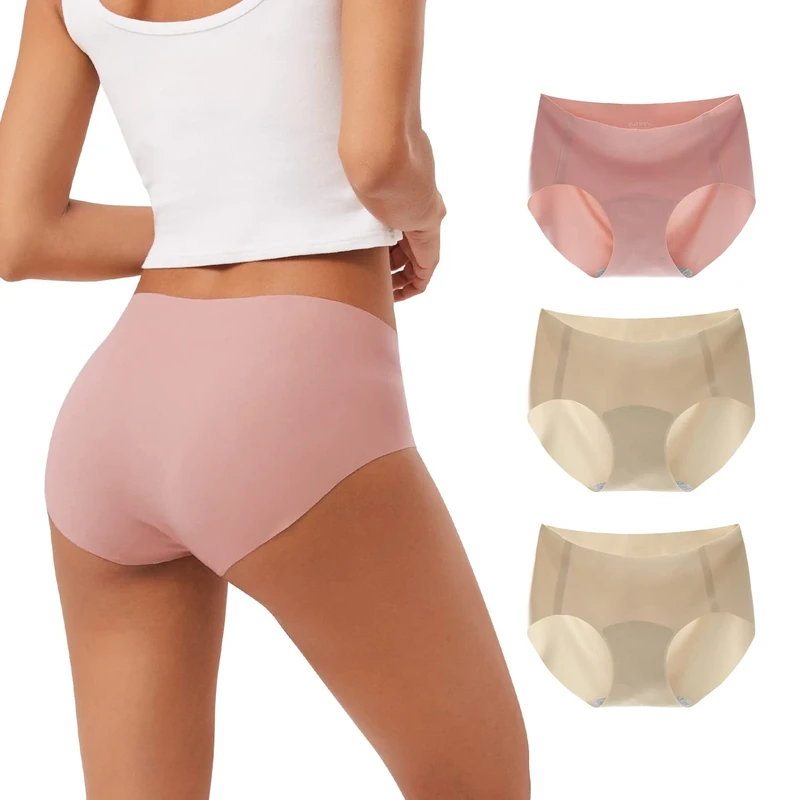 INNERSY Seamless Knickers for Women No Show Underwear Ladies Briefs Invisible Nylon Pants 3 Pack (8, 2 Beige/Pink)