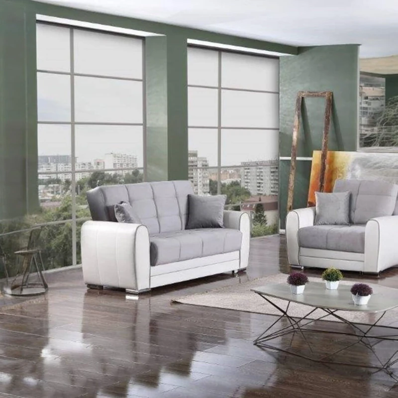 Dmora - Sofa bed Pablito, Corner container sofa bed in eco-leather and fabric, Living room sofa with click-clack opening and reversible peninsula, 163x84h91 cm, White and Gray