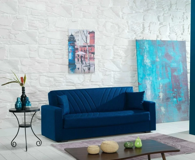 Dmora - Sofa bed Jorge, Linear 3-seater container sofa bed with 2 cushions included, Living room sofa in padded fabric with click-clack opening, 214x81xh89 cm, Blue