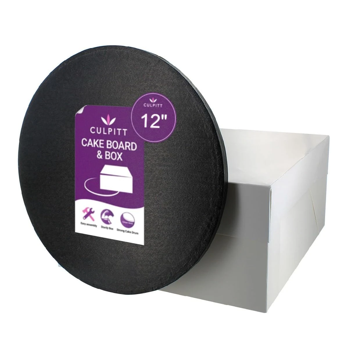 Culpitt 12" Round Black Cake Drum & Matching White Box, 0.5" Thick, Halloween Treat Transport, Single Pack