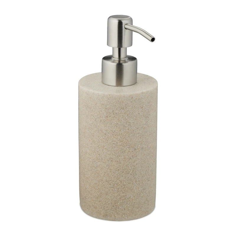 Relaxdays Soap Dispenser, 180 ml, Refillable, Bathroom, for Liquids & Lotion, Polyresin, Stainless Steel Pump, Beige