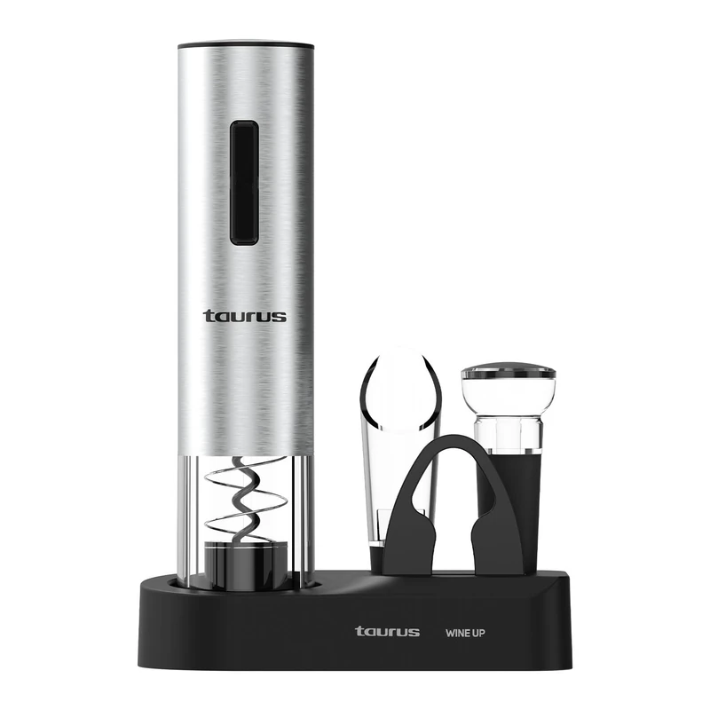 Taurus, Wine Up Wine Opener, Wireless, 6-8 Inch Cork, LED Light, Includes Capsule Cutter, Decanter, Vacuum Pump Stopper, Storage Base, USB Cable