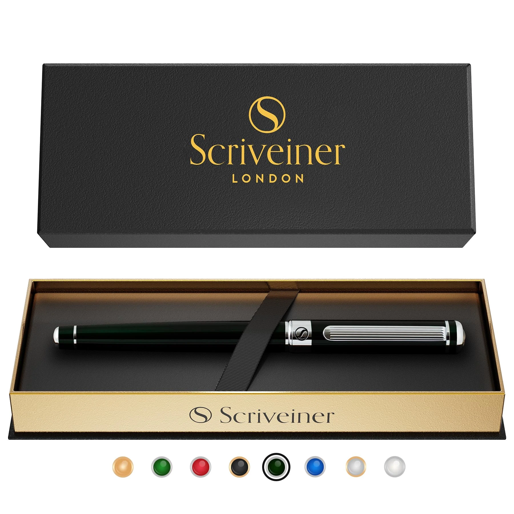 Scriveiner Black Green Rollerball Pen - Multi Award Winning Luxury Rollerball with Chrome Trim & Schmidt Refill, Quality Executive Writing Pen for the Office, Journaling or Gift Set for Men & Women