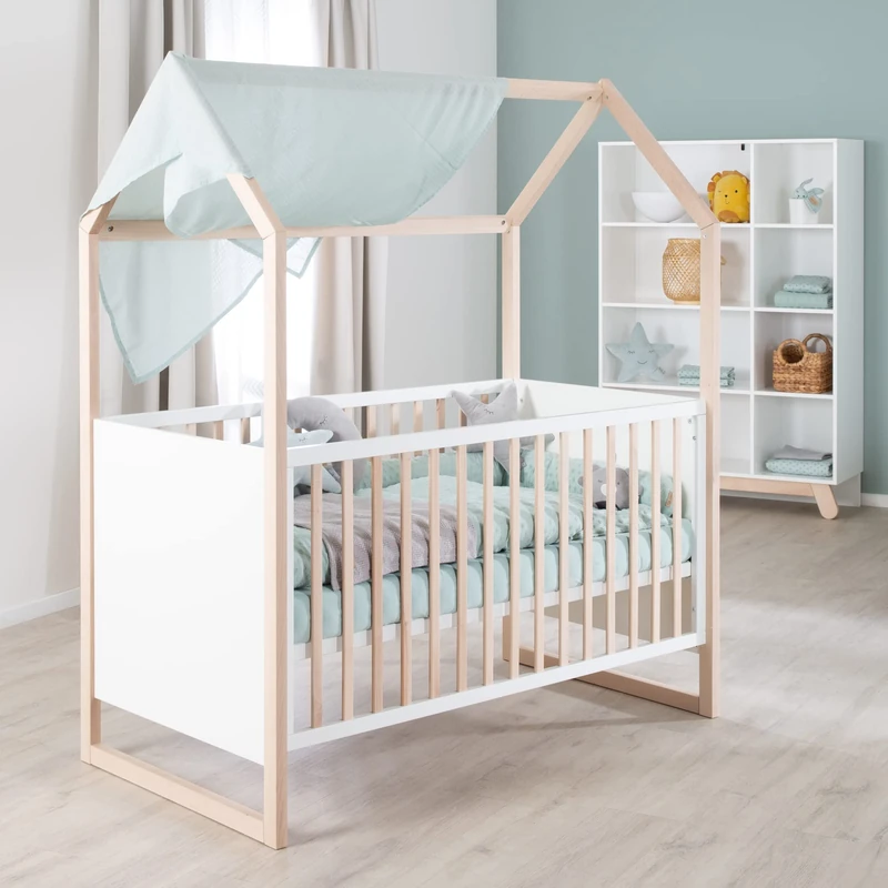 roba Wooden House Bed 70x 140 cm - Convertible Baby Cot - Height Adjustable - Children's Bed in Frame Look - Natural Beech/Wood White
