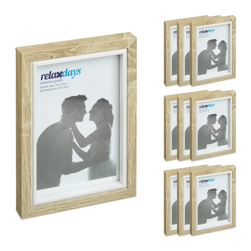 Relaxdays 10x Picture Frames, 10x15cm, Portrait & Landscape Format, to Hang, Stand, Passepartout, Wooden Optics, Brown, Fibreboard, 17 x 12.5 x 2 cm