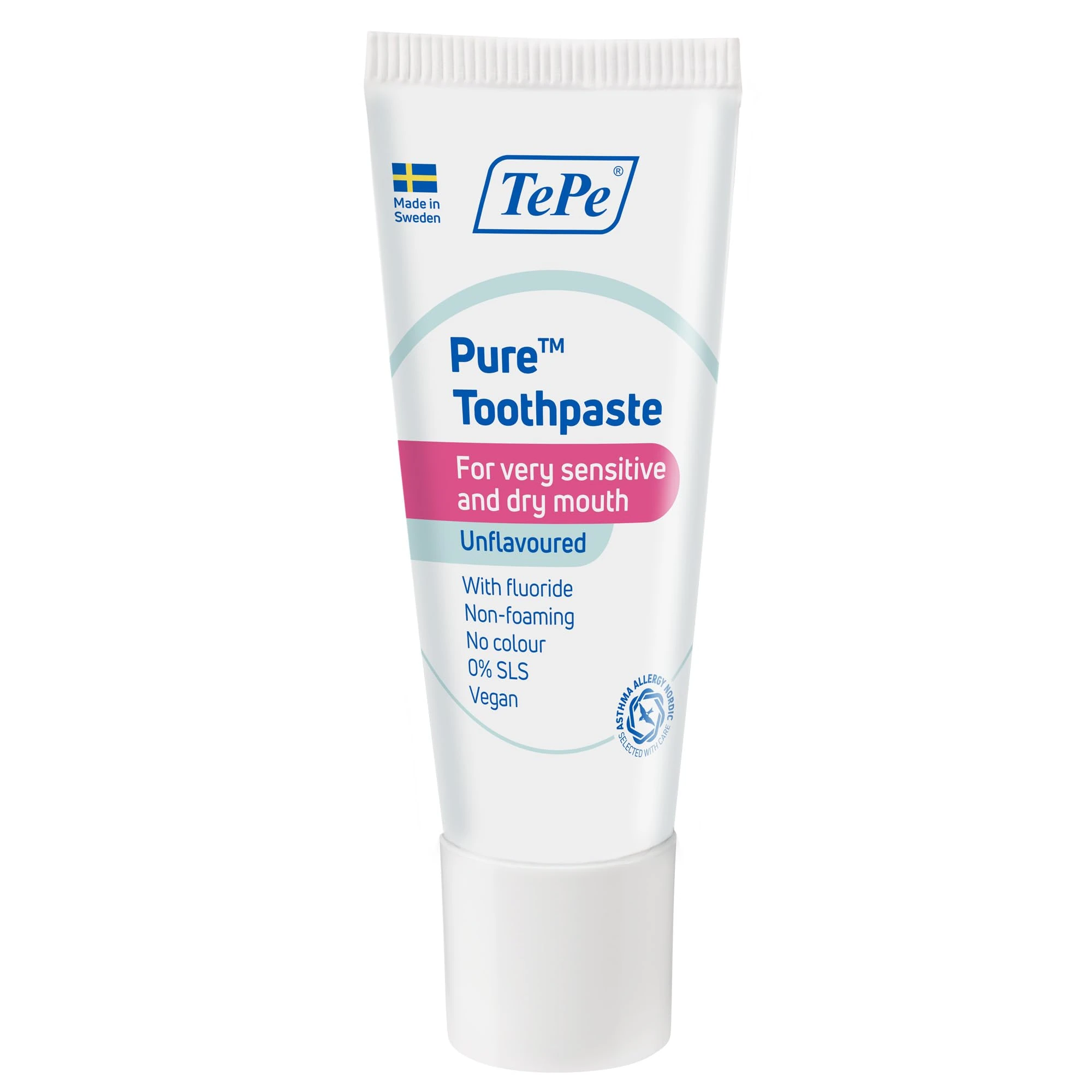 TePe Pure Toothpaste, unflavoured, Very Gentle Everyday Fluoride Toothpaste for Very Sensitive Gums and Dry Mouth, Age-Appropriate Fluoride Level