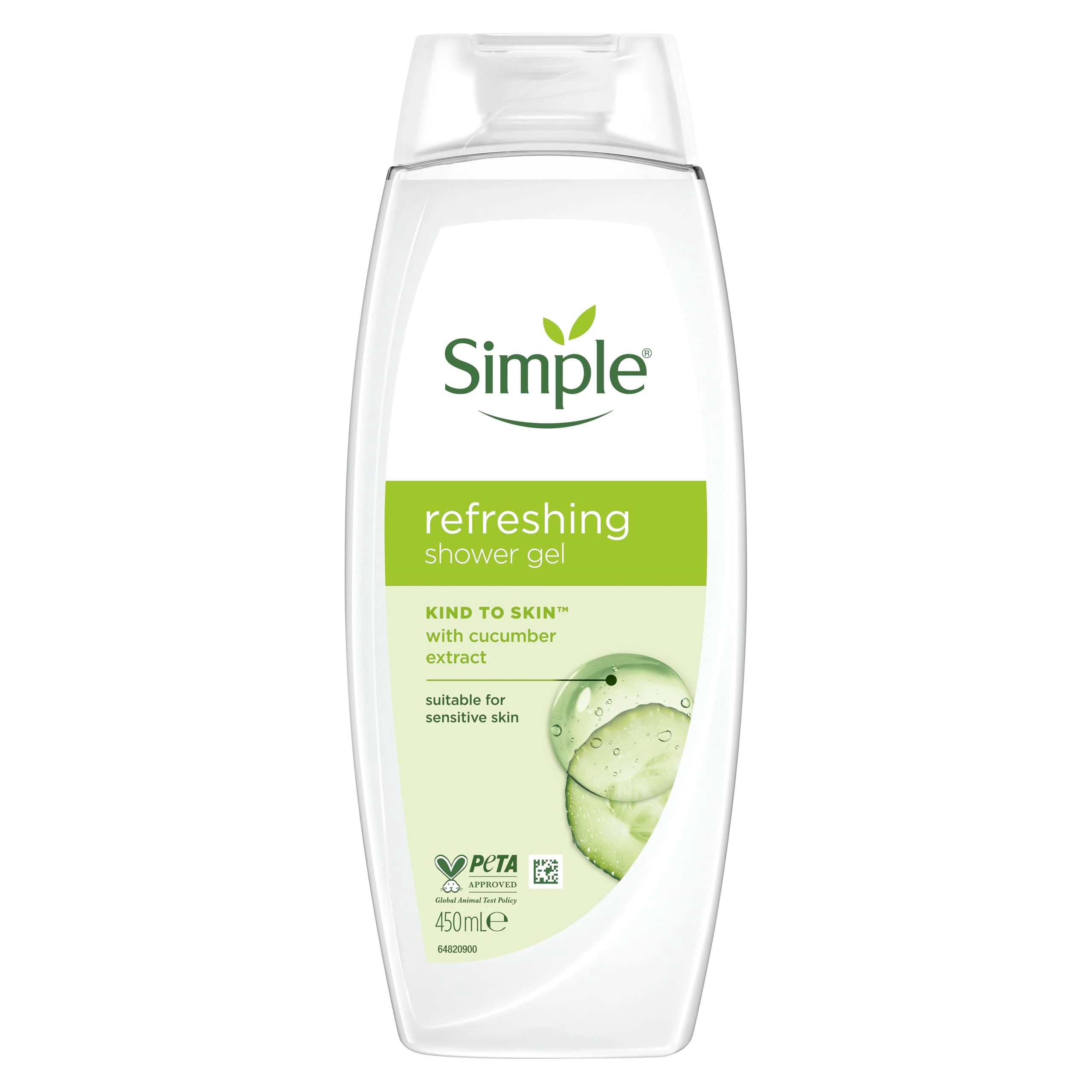 Simple Kind to Skin Refreshing Shower Gel pack of 6 body wash with natural cucumber extract for dry skin 450 ml, White