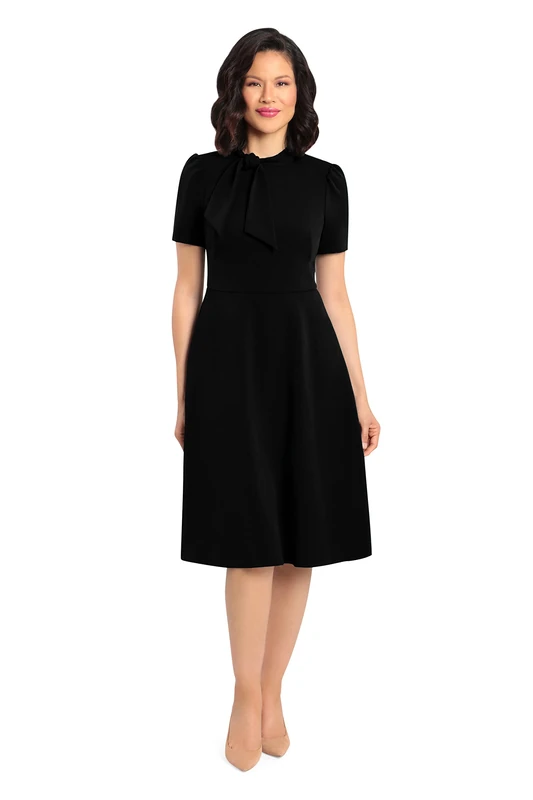 Maggy London Women's Crepe Fabric Flight Attendant Bow Neck Tie Short Sleeve A-line, Sc - Black, 14