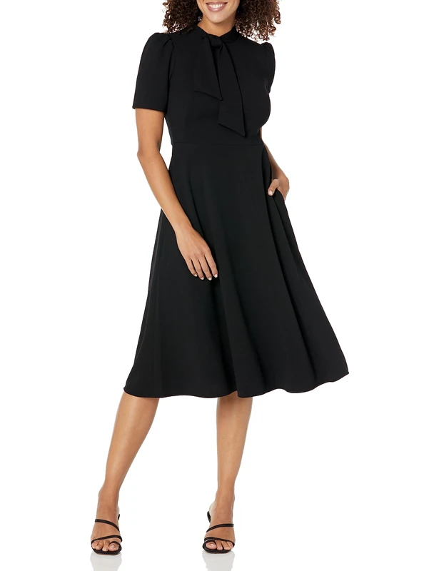 Maggy London Women's Crepe Fabric Flight Attendant Bow Neck Tie Short Sleeve A-line, Sc - Black, 10