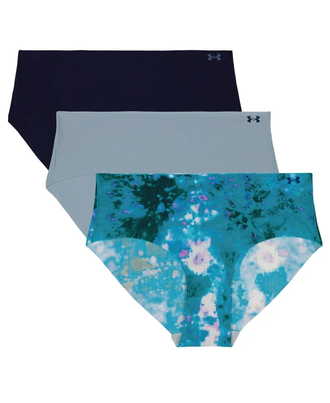 Under Armour Women's 3-Pack Pure Stretch No Show Hipster Underwear, All-Day Comfort & Ultra-Soft Fit, Harbor Blue Print, L