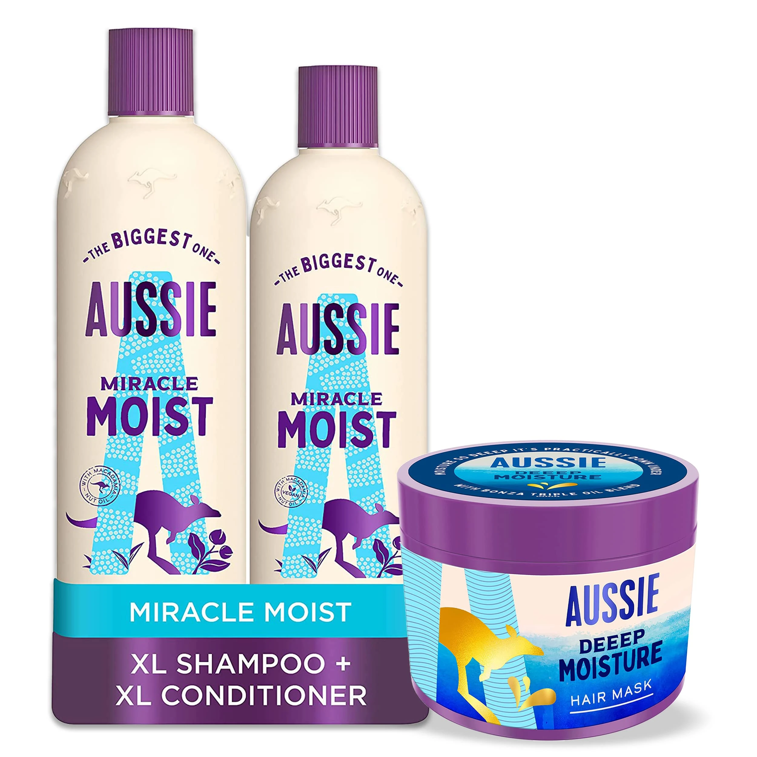 Aussie Moist Shampoo And Conditioner Set + Hair Mask For Dry, Damaged Hair, Miracle Moist, With Macadamia Nut Oil, Cruelty Free, XL VALUE PACK, 3 Pack