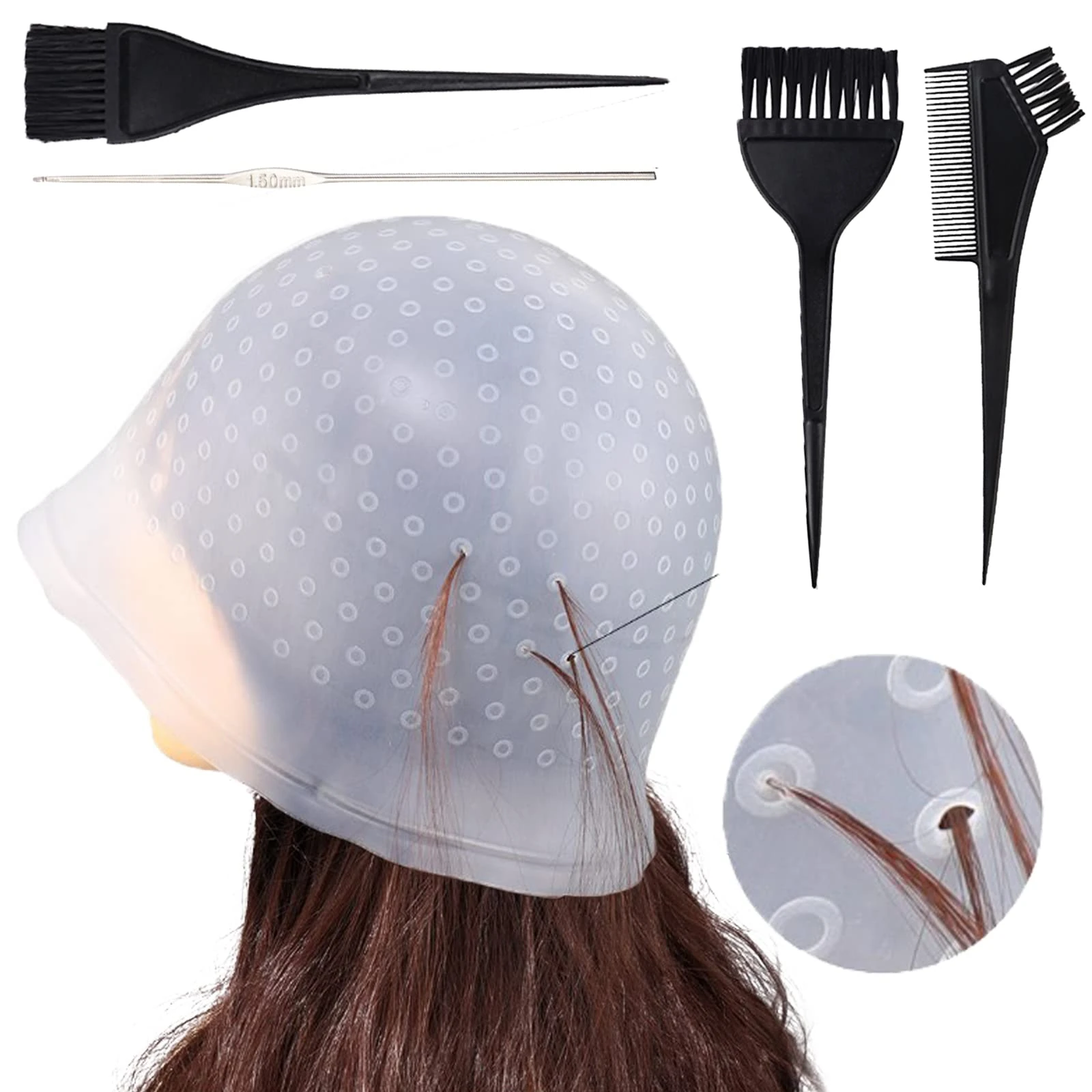 Punched Hole Silicone Highlight Hair Cap with Hair Coloring Brushes and Needle,Highlighting Frosting Cap,Highlight Cap,Professional Salon Silicone Hairdressing Tools for Women Men