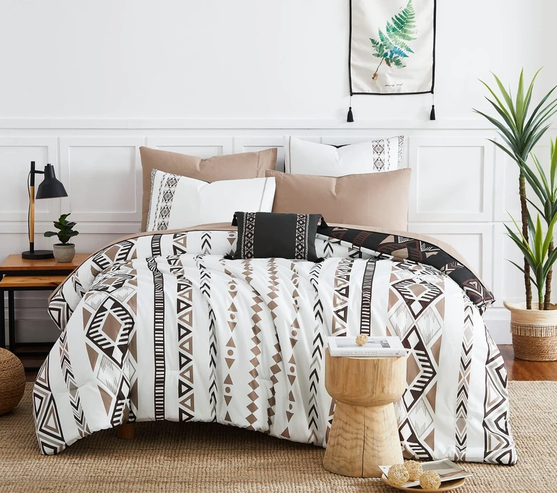 Geniospin Queen Comforter Set, Boho Aztec Comforter Set 8 Pieces, All Season Reversible Bed in A Bag, Soft Microfiber Fill Bedding, Lightweight, Warm and Breathable (Brown, 90"x90")
