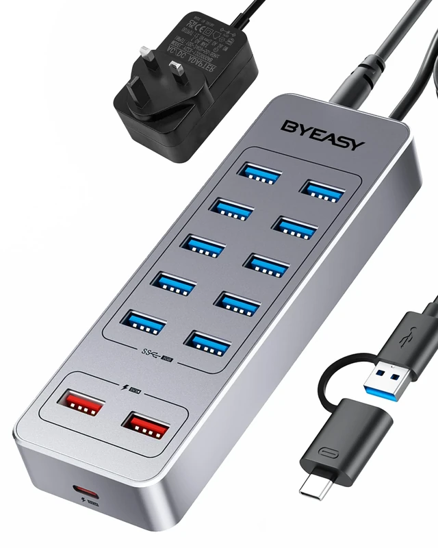 BYEASY Powered USB Hub, 13-Port USB 3.0 Data Hub with 10*USB 3.0 Ports, 2*USB A Charging Ports and 1*USB C Charging Port, USB Splitter Powered with 12V3A Adapter for Laptop,Tablet, USB Flash Drives