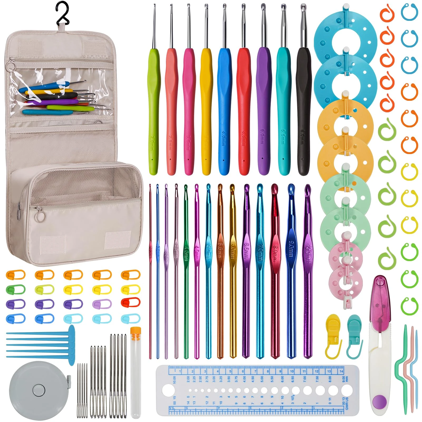 RealPlus Crochet Kits for Beginners Adults, 110Pcs Crochet Hooks Set Includes Ergonomic Rubber & Metal Crochet Hooks, Knitting Accessories and Bag, UK Best Starter Beginners Crochet Kit