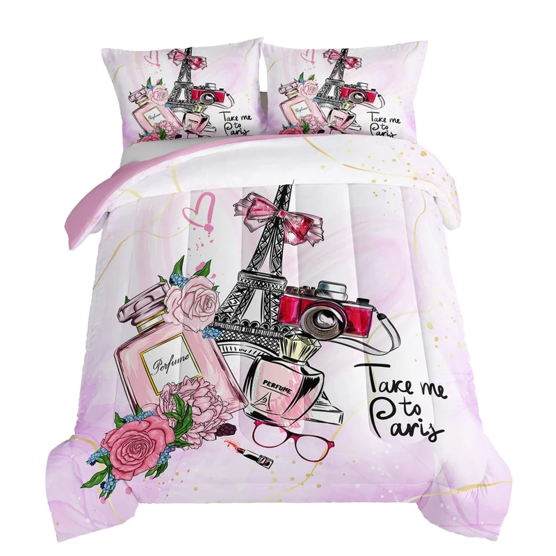 HOSIMA Pink Paris Bedroom Comforter Set,French Eiffel Tower Bedding Sets Romantic Paris Decor for Bedroom,Paris Bedding Sets for Girls Women Room Decor Fluffy Comforter Queen Size with 2Pillowcases.