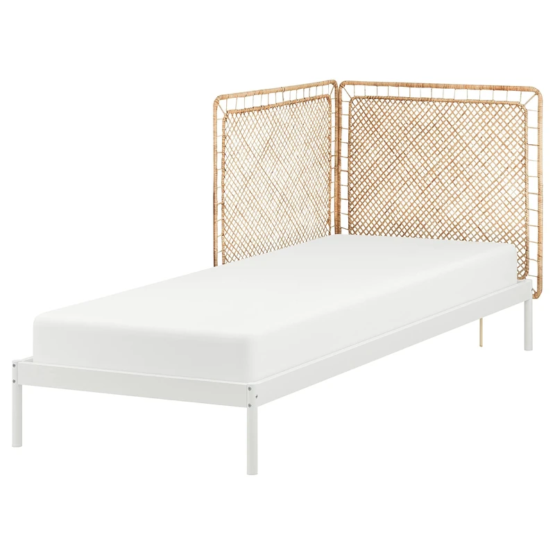 IKEA VEVELSTAD Bed Frame with 2 headboards, 90x200 cm, White/Tolkning Rattan