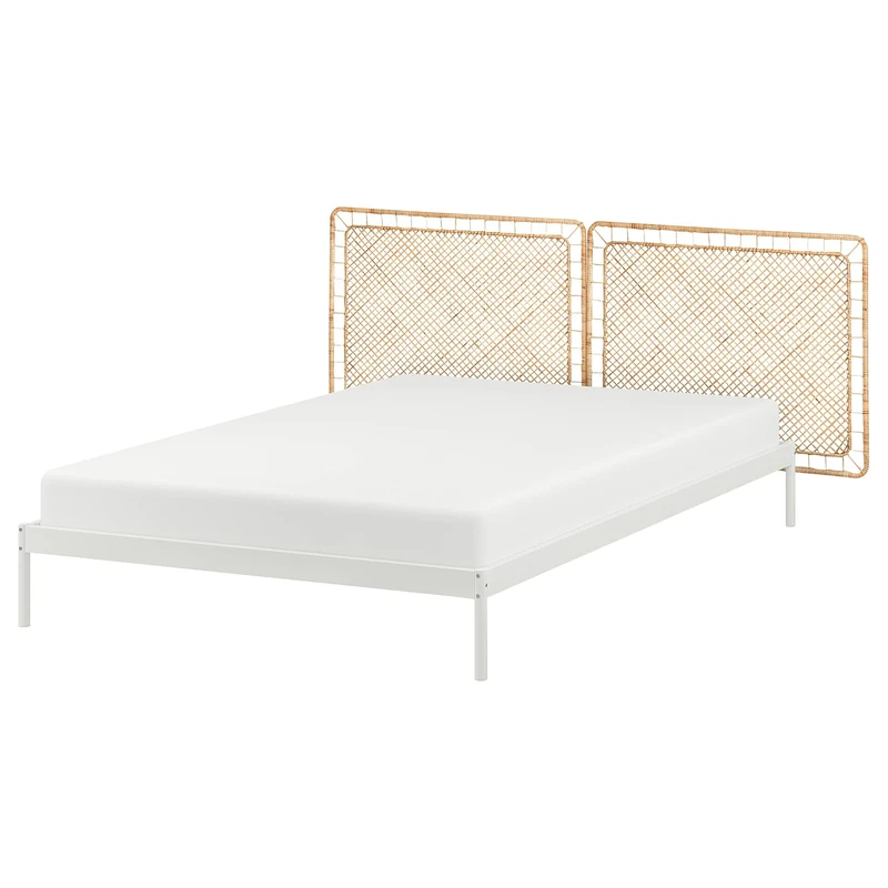 IKEA VEVELSTAD 140x200 Bed Frame with Dual Headboards - White/Rattan