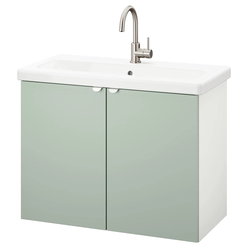 Ikea TVÄLLEN/ENHET wash-basin cabinet with 2 doors, 84x43x65 cm, white/pale grey-green Glypen tap