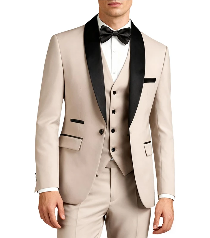 Mens 3 Piece Suit Slim Fit Dress Tux Suits for Men Solid Color Wedding Classic Tuxedo Set, Beige, L