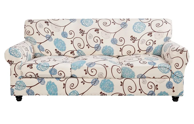 SearchI Stretch Sofa Cover Printed Couch Cover, Floral Pattern 4 Pieces Sofa Slipcover with 3 Separate Cushion Cover, Washable Furniture Protector for Living Room(Sofa, Ball Flower)