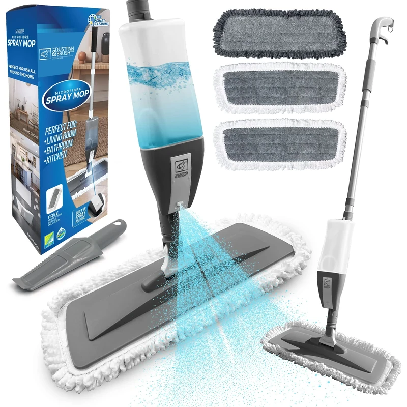 Microfibre Floor Spray Mop Dry Wet Mop Kitchen Floor Cleaning 360° Swivel Head Suitable for Cleaning Tile Laminate Hardwood Ceramic with 3 Replacement Pads, 600ML Refillable Bottle & 1 Scraper