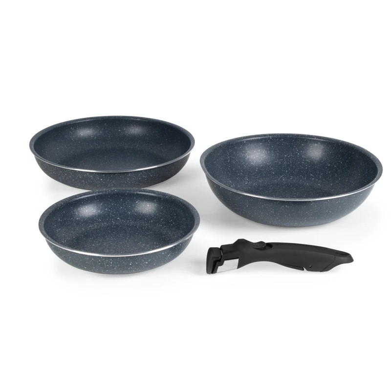 Russell Hobbs Smart Clip 4-Piece Pan Set – Xylan Plus Non-Stick Coating, Nightfall Stone, 22/26 cm Frying Pan, 26 cm Stir-Fry Pan, Removable Clip-On Handle, Stackable, PFOA-Free, Omelette, Pancake