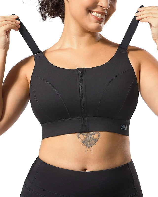 VFUS Adjustable High Impact Sports Bras for Women Zip Front Full Coverage and Lift Padded Compression Tops, Black, M