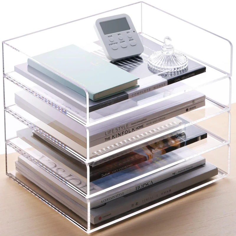 SANRUI Acrylic Stackable Letter Tray Clear Paper Tray Desk Organizer 4-Tier Desk File Organizer Paper Sorter Holder Document Shelf Tray for Letter/A4,4-Pack
