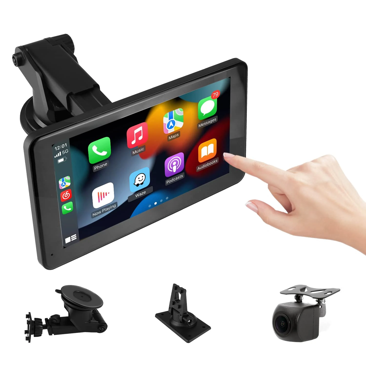 Portable Car Radio Stereo Audio Receiver with Wireless Carplay&Android Auto, 7” FHD IPS Touchscreen, 1080P Backup Cam, Siri, Google Voice, FM, Bluetooth, GPS Navigation, Aux, TF Card TTXSCAM T86