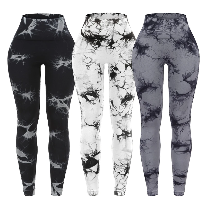 OVESPORT 3 Pack Tie Dye Seamless High Waisted Workout Leggings for Women Scrunch Butt Lifting Yoga Gym Athletic Pants, 3pack-Black/Gray/White, Large - Image 1
