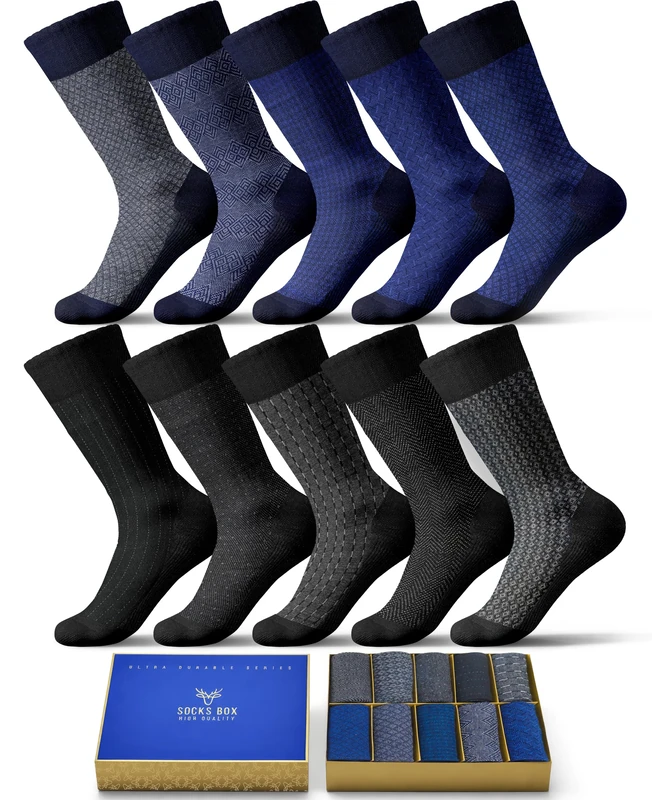 SOCKS BOX, Men’s Bamboo Dress Socks With Gift Box, Patterned, Premium Quality (5/10 Pairs+Gift Box+Gift), 10 Pairs Blue and Black Socks, 8-12
