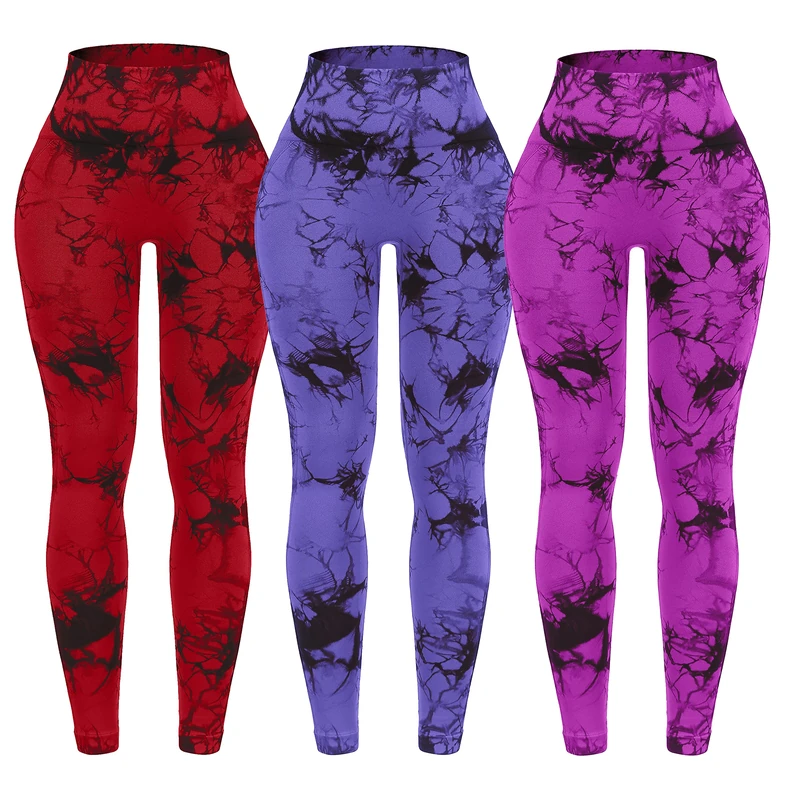 OVESPORT 3 Pack Tie Dye Seamless High Waisted Workout Leggings for Women Scrunch Butt Lifting Yoga Gym Athletic Pants, 3pack-red/Rose/Purple, Large - Image 1