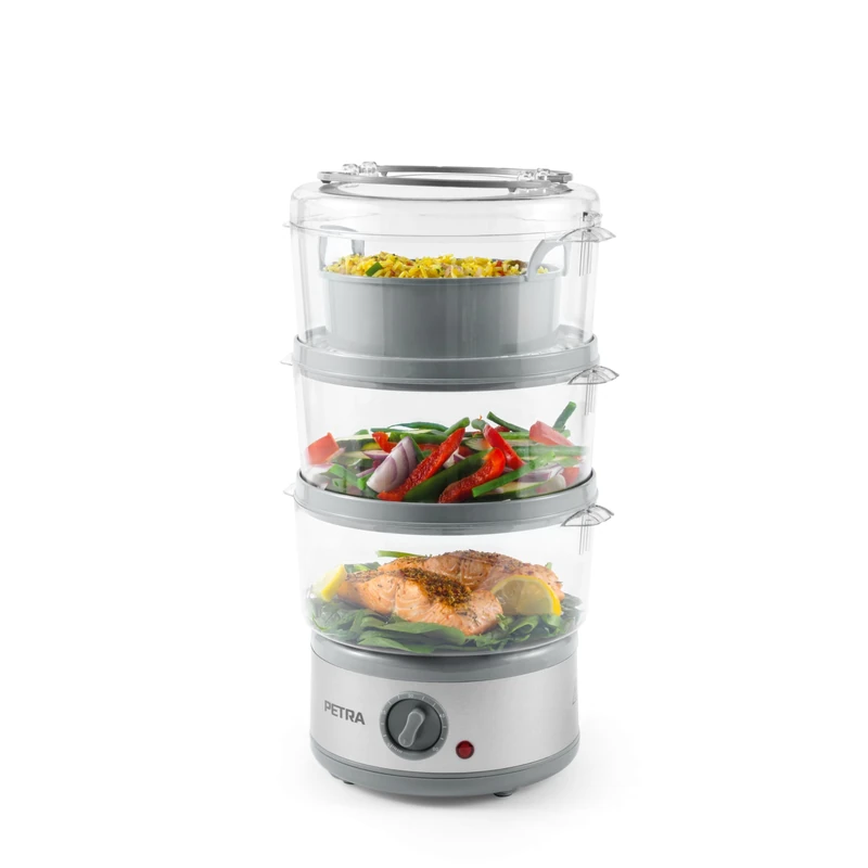 Petra PT2726ZV2HEVDE 3-Stage Electric Steamer - 7.5L Multi-Cooker, Removable BPA-Free Baskets and Rice Bowl Included, Compact Design, 60-Minute Timer, 500W, Meat and Vegetable Steamer, Silver