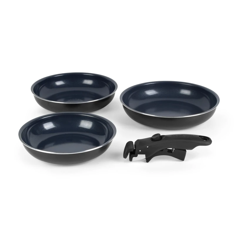 Russell Hobbs Smart Clip 4-Piece Pan Set – Xylan Plus Non-Stick Coating, Nightfall Stone, 20, 24 and 28 cm Frying Pan, Removable Clip-On Handle, Stackable, PFOA-Free, Omelette, Pancake, Oven Safe