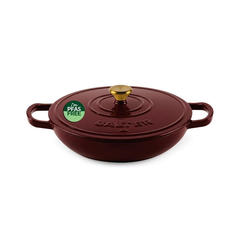 Salter Chester 2.8 L Cast Iron Shallow Casserole Dish - Induction Suitable, Oven Safe up to 240°C, 30cm Stock Pot, Heat Retention, PFAS- Free, Durable Cookware, Enamel Coating, Red