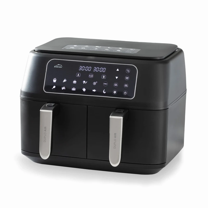 Lacor - 69508 - DuploAir Air Fryer Oil Free Air Fryer with Touch Screen, Double Basket, Includes Recipe Book, 11 Programs, Dehydrated Function, Non-Stick, Large Capacity 9L, 2400W
