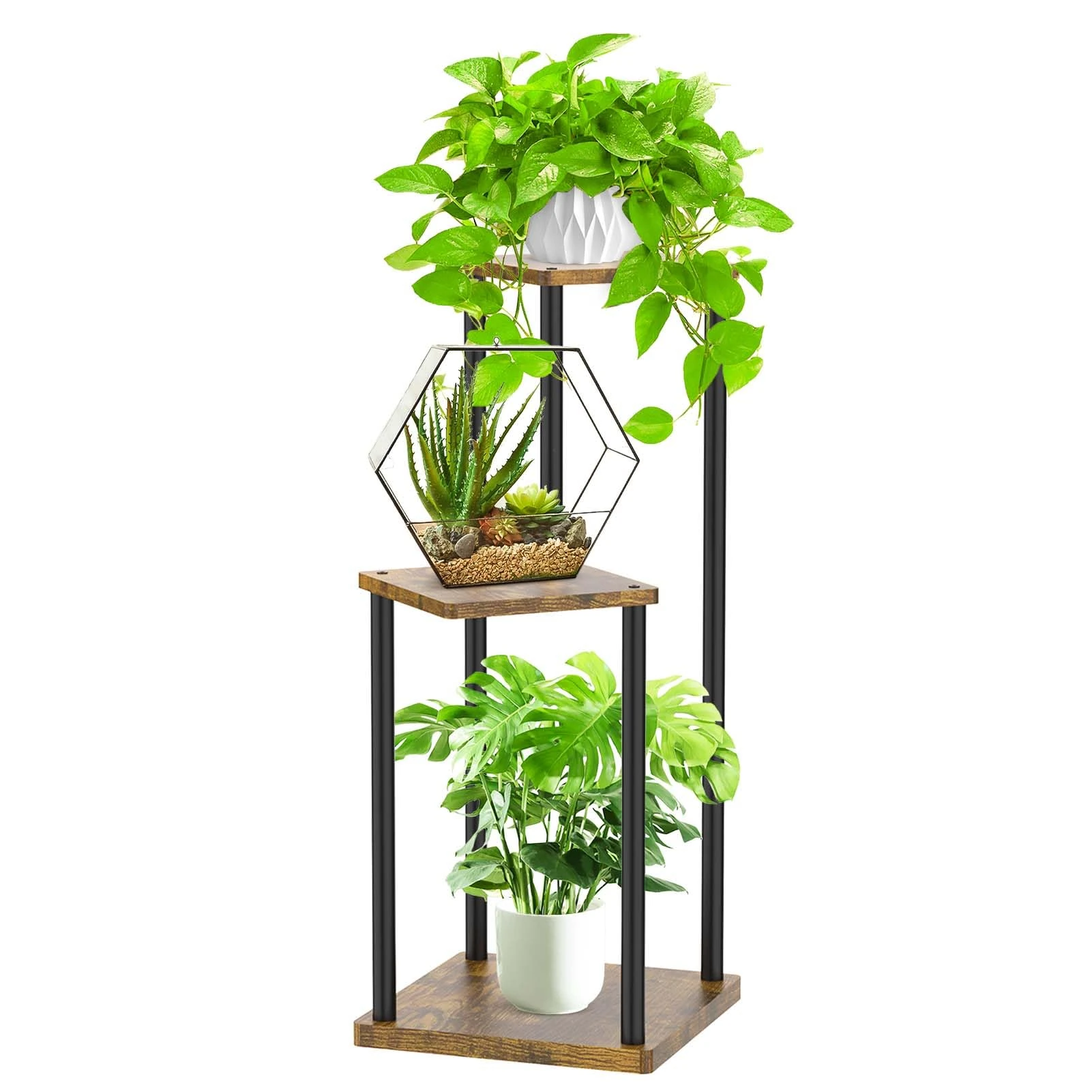 LyTaispuly 3 Tier Plant Stands Indoor Outdoor, Metal Wood Tiered Corner Plant Stand Pot Holder, Wood Flower Shelf Display Rack for Living Room Bedroom Balcony Garden Patio, Black