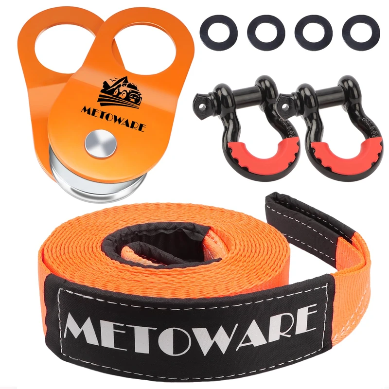 METOWARE Offroad Recovery Kit - 3" x20' Tow Strap, 2pk D Ring Shackles and 10 Ton Heavy Duty Snatch Block Pulley