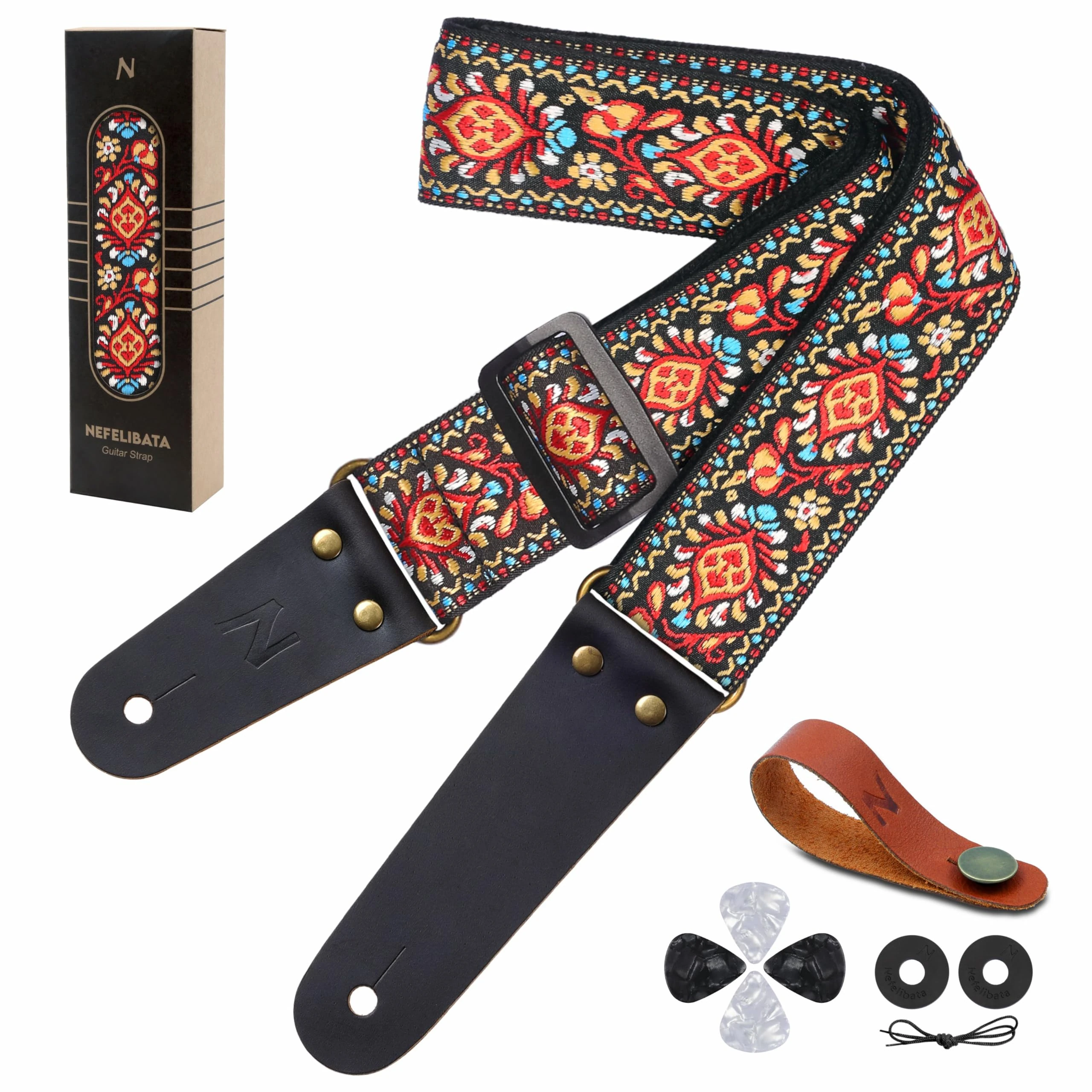 Nefelibata Guitar Strap, Cotton Vintage Embroidered Guitar Straps with Genuine Leather Ends for Bass, Electric, Acoustic Guitars, Free Strap Button, Strap Locks and Guitar Picks