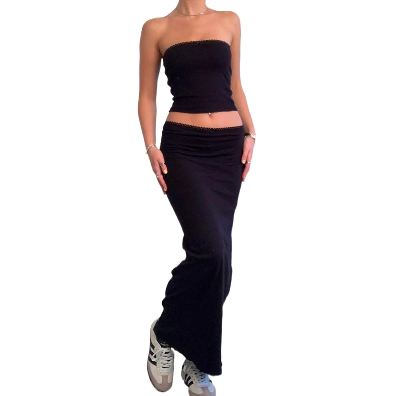 Geagodelia Women's 2 Pieces Outfit Ladies Sexy Co Ord Set Crop/Tank/Tube Top + Maxi Skirt Y2k Aesthetic Summer Clothes Streetwear (E - Black (Tube Top), S)