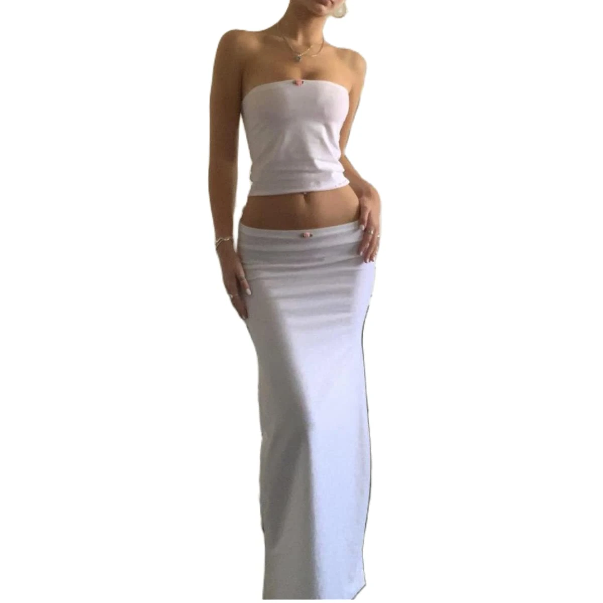 Geagodelia Women's 2 Pieces Outfit Ladies Sexy Co Ord Set Crop/Tank/Tube Top + Maxi Skirt Y2k Aesthetic Summer Clothes Streetwear (E - White (Tube Top), S)