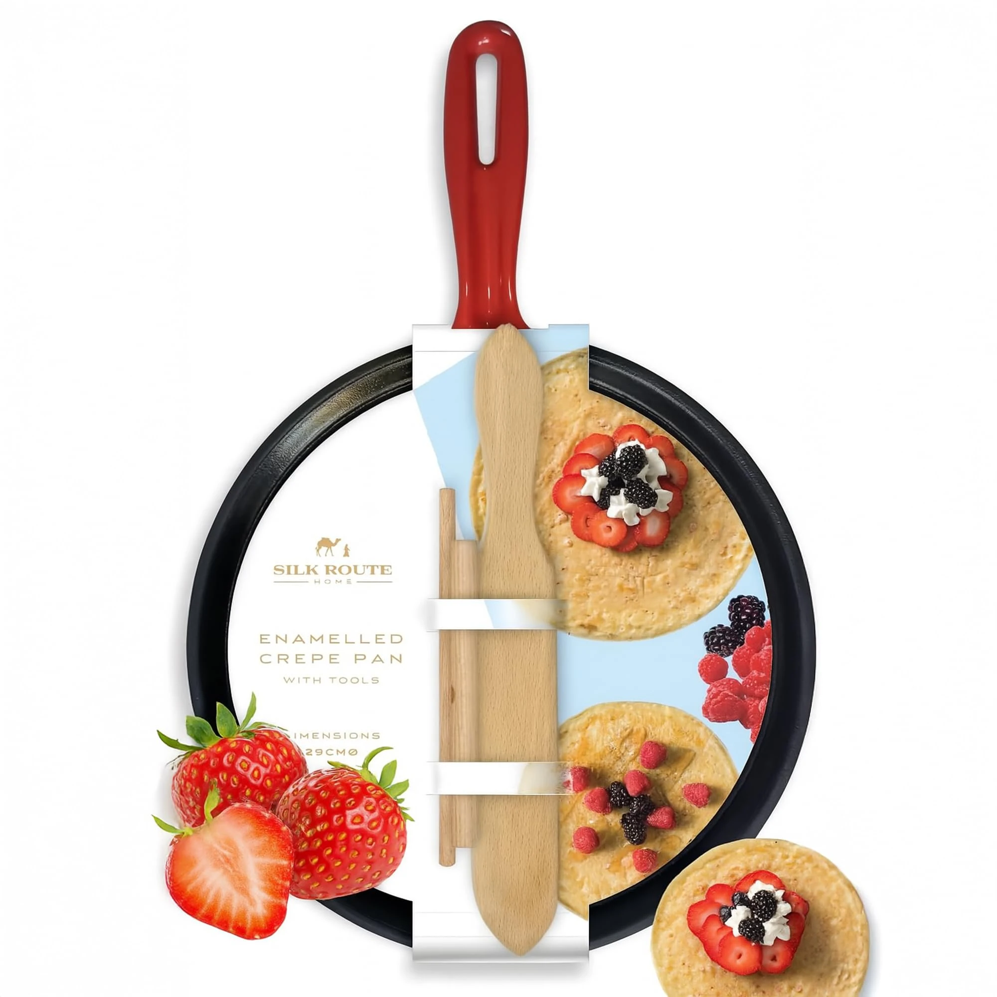 Silk Route Home Cast Iron Crepe & Pancake Pan - 25 cm Non‑Stick Seasoned Griddle with Spreader & Spatula - Durable Pre‑Seasoned Cast Iron for Crepes, Pancakes, Omelettes & More
