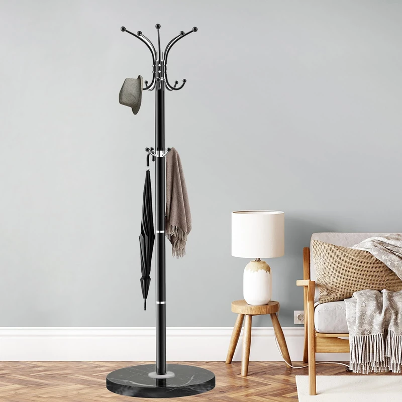 ZOZOE Metal Coat Rack Stand, Modern Coat Rack Freestanding with Natural Marble Base, 360° Rotary Design Coat Racks with 14 Hooks, Coat Tree for Bags, Hats, Entryway, Office