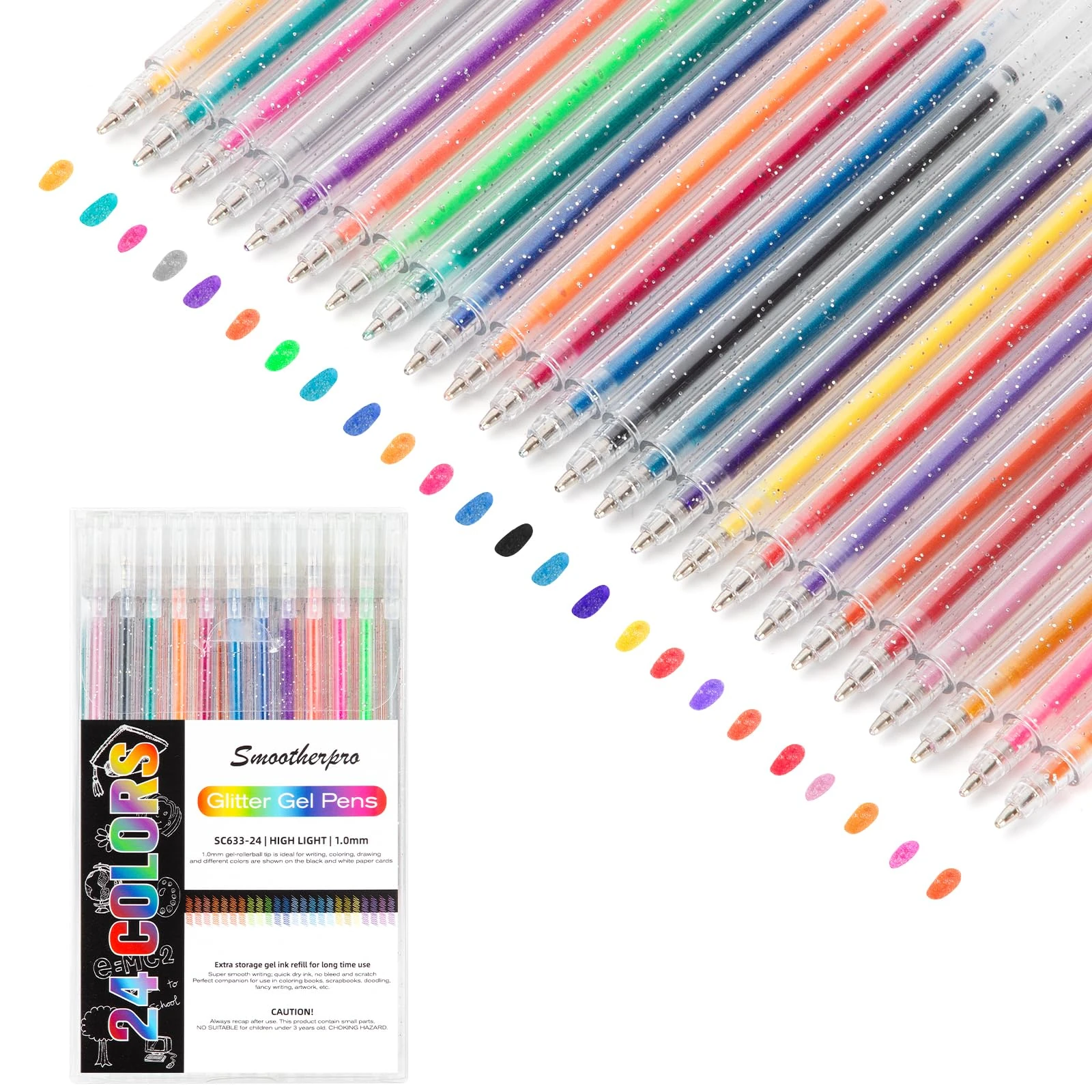SMOOTHERPRO Metallic Gel Pens | Set of 24 | Glitter Colored Pen | for Coloring Books Cards Journaling Crafting Drawing Writing (SC633-24) | 1.0mm Tip | 24 Colors