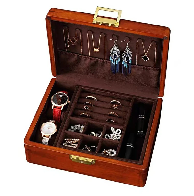 Bescott 2 Layer Solid Wooden Jewelry Box with Lock and Key for Women Men Vintage Velvet Wood Jewelry Organizer Storage for Earrings Rings Necklaces Bracelet Watch Mother’s Day Gift