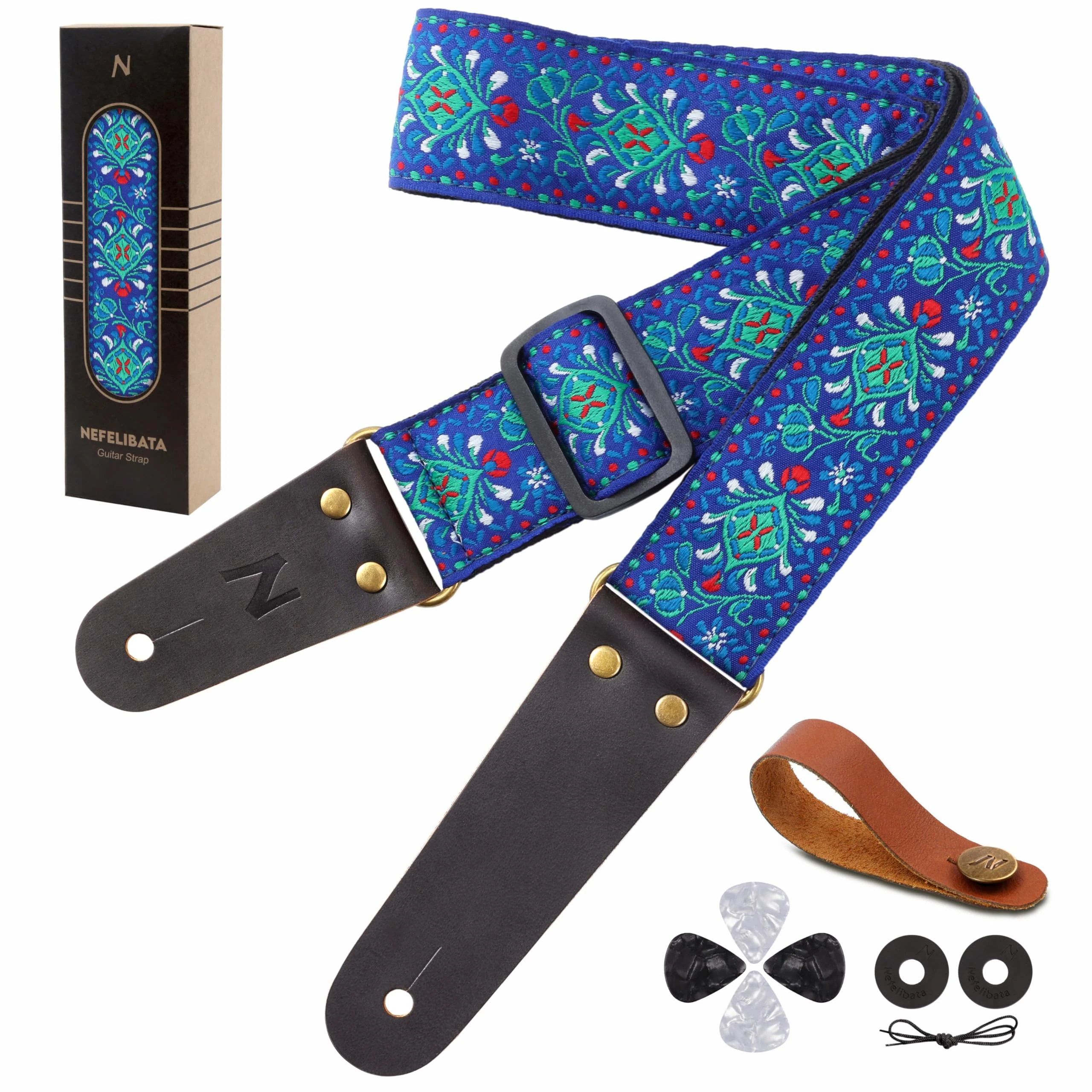 Nefelibata Guitar Strap, Cotton Vintage Embroidered Guitar Straps with Genuine Leather Ends for Bass, Electric, Acoustic Guitars, Free Strap Button, Strap Locks and Guitar Picks