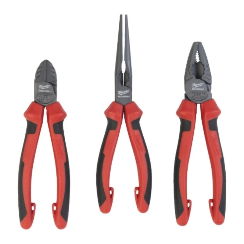 Milwaukee Plier Set: Side Cutters 160 mm, Long Bench Round Plier 180 mm, 3-Piece, Red