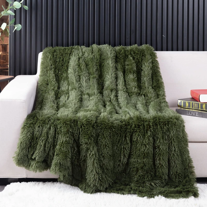 YUSOKI Olive Green Faux Fur Throw Blanket, 2 Layers, 50" x 60" Cozy Plush Fluffy Blanket for Fall, Bed, Living Room Décor, Baby, Women, Pet